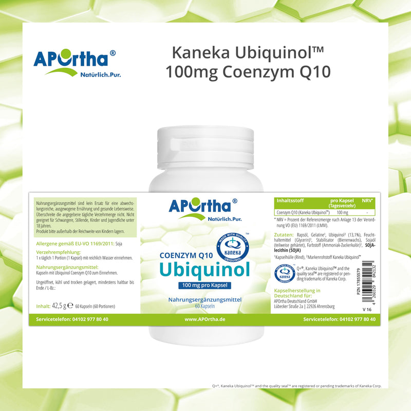 [Australia] - APOrtha Kaneka Ubiquinol Coenzyme Q10 100 mg 60 capsules I CoQ10 capsules high dose 100 mg I High bioavailability thanks to bioactive ubiquinol I 2-fold patented raw material I Daily dose 1 capsule 