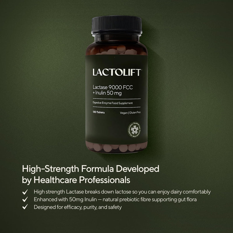 Fast-Acting Lactase Tablets 9000 FCC with Inulin | High Strength Digestive Enzyme for Lactose Intolerance Relief | Bloating, Gas & Dairy Support | UK Made | Eco-Friendly Biodegradable Bottle