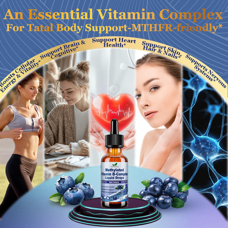 Methylated B Complex Liquid Drop Complete 9-in-1 Methyl B Vitamins w. B12 Methylfolate Inositol Choline TMG Vitamin C E, Super B-Complex Methylated for MTHFR Support, Energy Mood Nerve & Brain Health