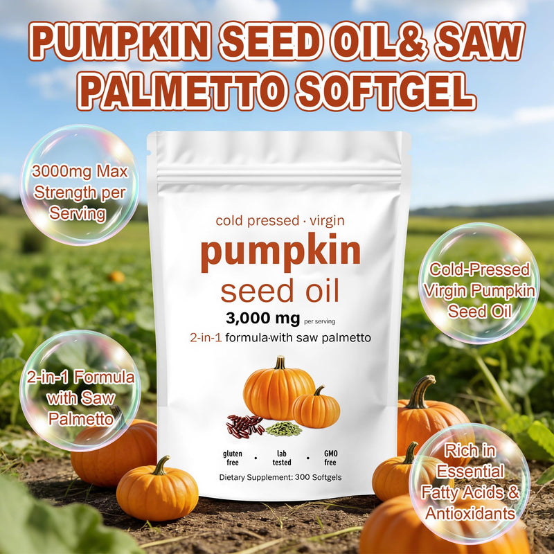 Pumpkin Seed Oil Capsules, Cold Pressed, Pure Virgin Oil, 300 Softgels Essential Fatty Acids & Phytosterols, 100 Days Supply Benefits for Hair Health, Non-GMO