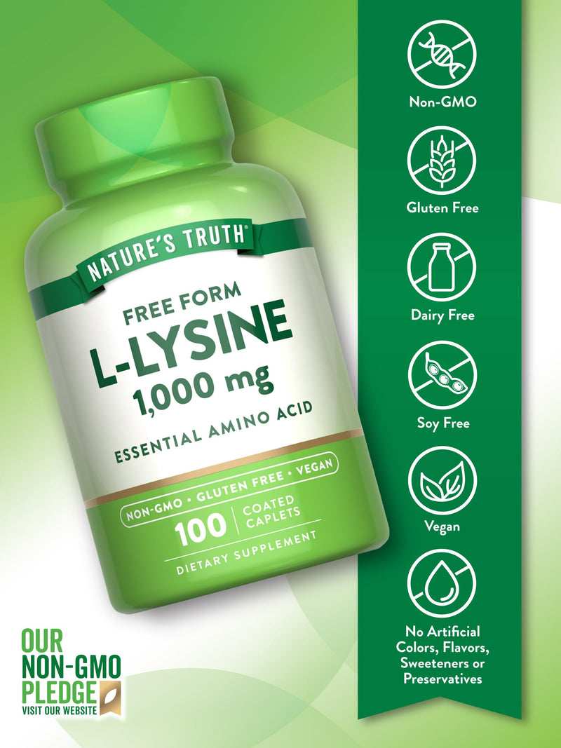 [Australia] - Nature's Truth L Lysine 1000mg | 100 Coated Caplets | Free Form | Vegetarian, Non-GMO, & Gluten Free Supplement 