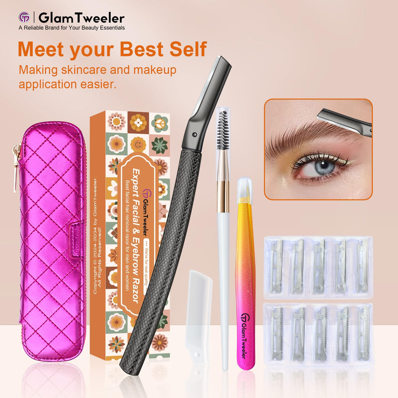 Women's Dermaplane Face & Eyebrow Razor Kit with GlamTweeler Slant Tweezers, Spoolie Brush, and Luxury Leather Storage & Travel Case + 10 Refill Blades (Black) Black