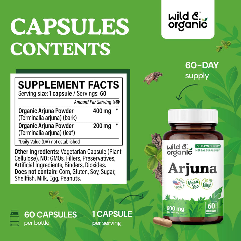 [Australia] - Wild & Organic Arjuna Capsules - Overall Support - Arjuna Bark Powder Supplement - 60 Herbal Capsules - 2-Month Supply - Terminalia Bark & Leaf Extract - Vegan, No Fillers, Non-GMO 