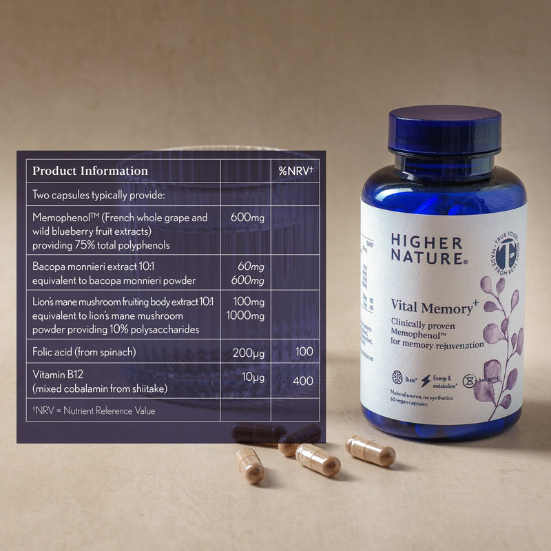 Higher Nature - Vital Memory⁺ - Brain Health Nootropic Supplement - Supports Energy & Mental Performance with Memophenol™, Lion's Mane Mushroom, Bacon Monnieri, True Food® B Vitamins - 60 Capsules