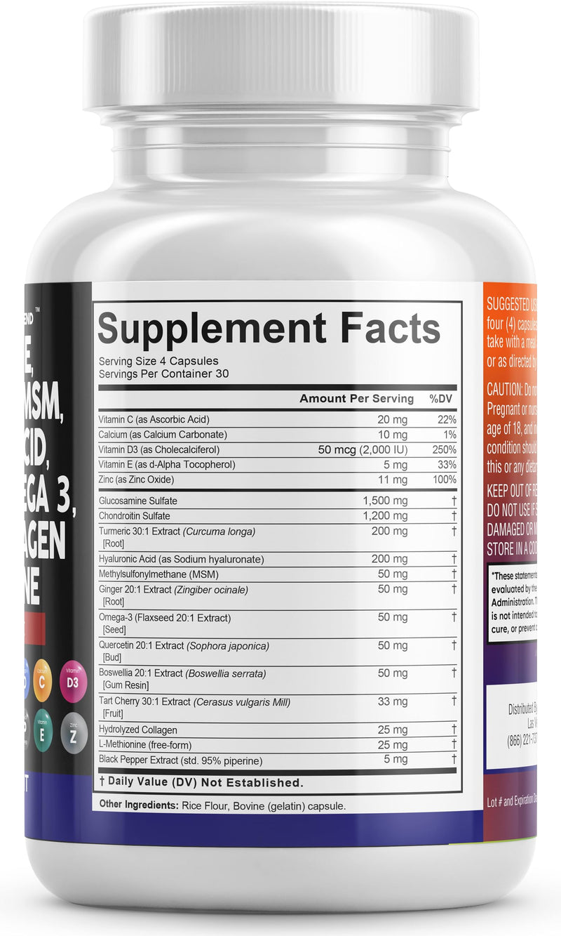 [Australia] - Clean Nutraceuticals Glucosamine Chondroitin MSM Turmeric Hyaluronic Acid Boswellia Collagen Tart Cherry - Joint Support Supplement Omega 3 Pills Ginger Quercetin Capsules - 120 Count USA 