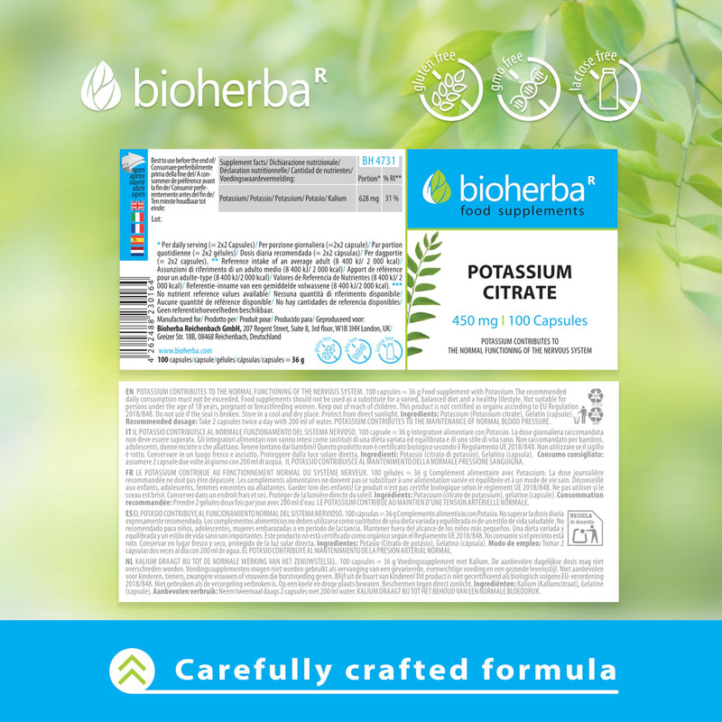 Potassium Citrate 450 mg – 100 Capsules | Muscle, Nerve and Blood Pressure Support by BIOHERBA 1 count (Pack of 100)