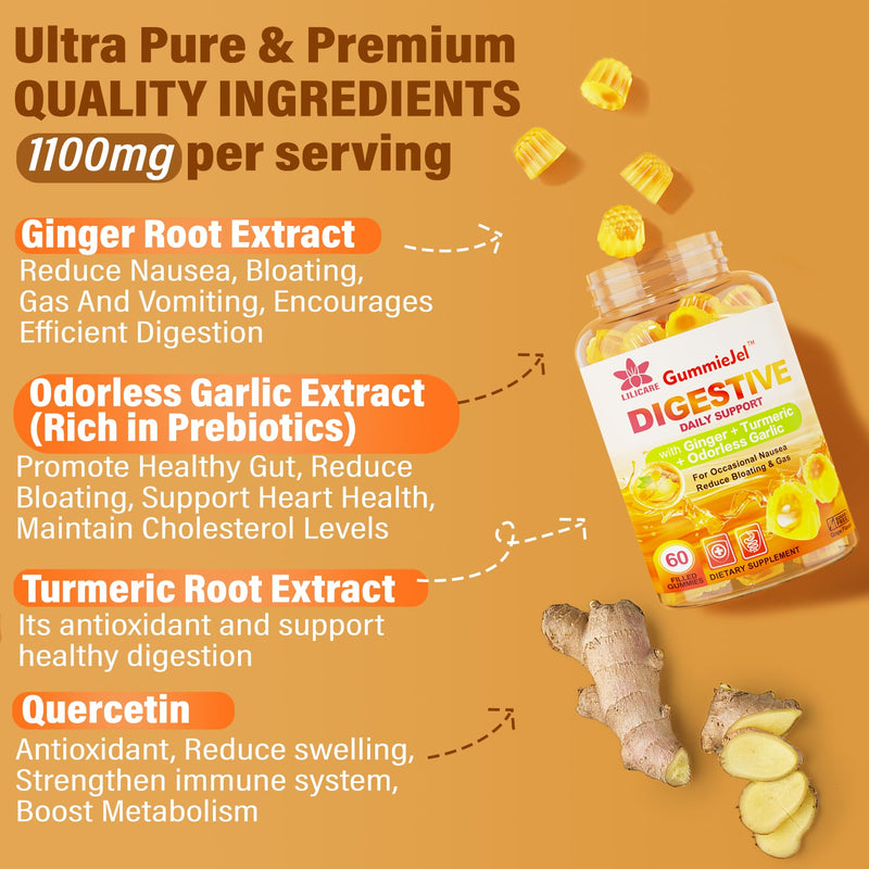 LILICARE Sugar Free Omega 3 Fatty Acid 2000mg With 640mg DHA & 290mg EPA, Multivitamin, CoQ10, Astaxanthin + Ginger Filled Gummies for Nausea - Stomach Relief - Ultra Absorption for Digestive Support