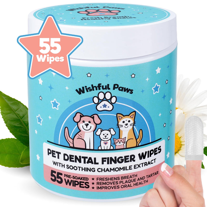 [Australia] - Dog Teeth Cleaning Wipes - Dog Tooth Brushing Kit - Dog Toothbrush Finger Wipes - Removes Plaque & Tartar, Dog Breath Freshener - No-Rinse Pet Dental Care for Dogs & Cats - Easy Use - 55 Count 
