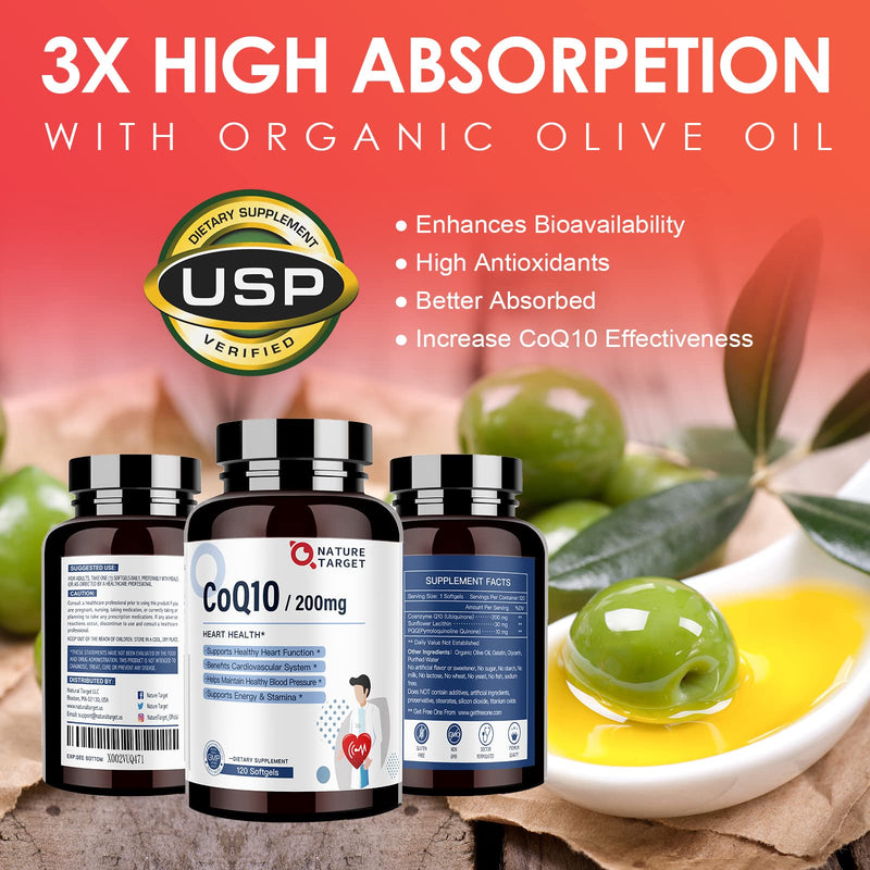 [Australia] - NATURE TARGET CoQ10-200mg-Softgels + PQQ with Organic-Olive-Oil - High Absorption-Coenzyme-Q10 - Antioxidant-for-Heart-Health and Immune Support, Energy Production, 120 Servings 120 Count (Pack of 1) 