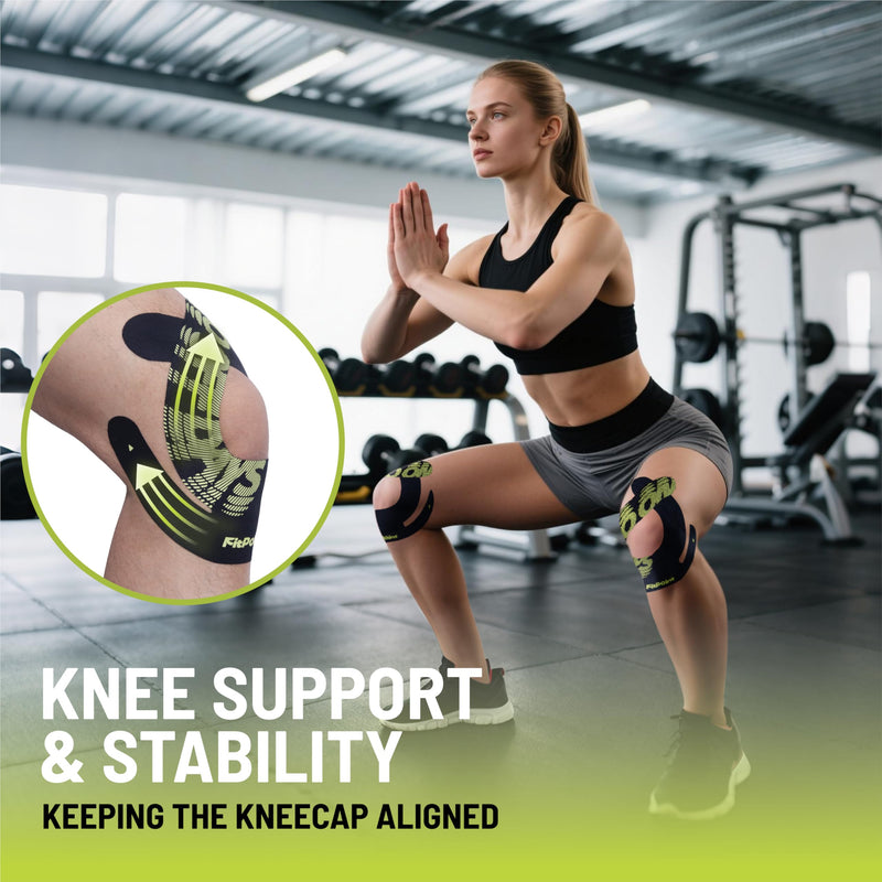 [Australia] - Motion Precut Kinesiology Tape for Knees, 10 Pcs Ultra-Sticky Adhesive Synthetic Athletic Tape, Pain Relief & Knee Support, Latex-Free Elastic Athletic Tape, Jet Black 