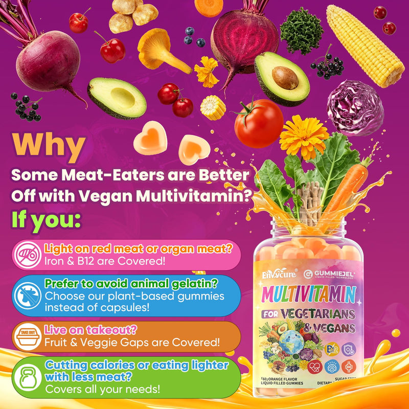 Envycure 41-in-1 Vegan Methylated Multivitamin Gummies for Women Men w/Iron, B12 D3, Omega 3, Daily Vitamins for Adults, Fill Nutrient Gaps for Vegans & Vegetarians, Energy, Brain, Immune, Antioxidant
