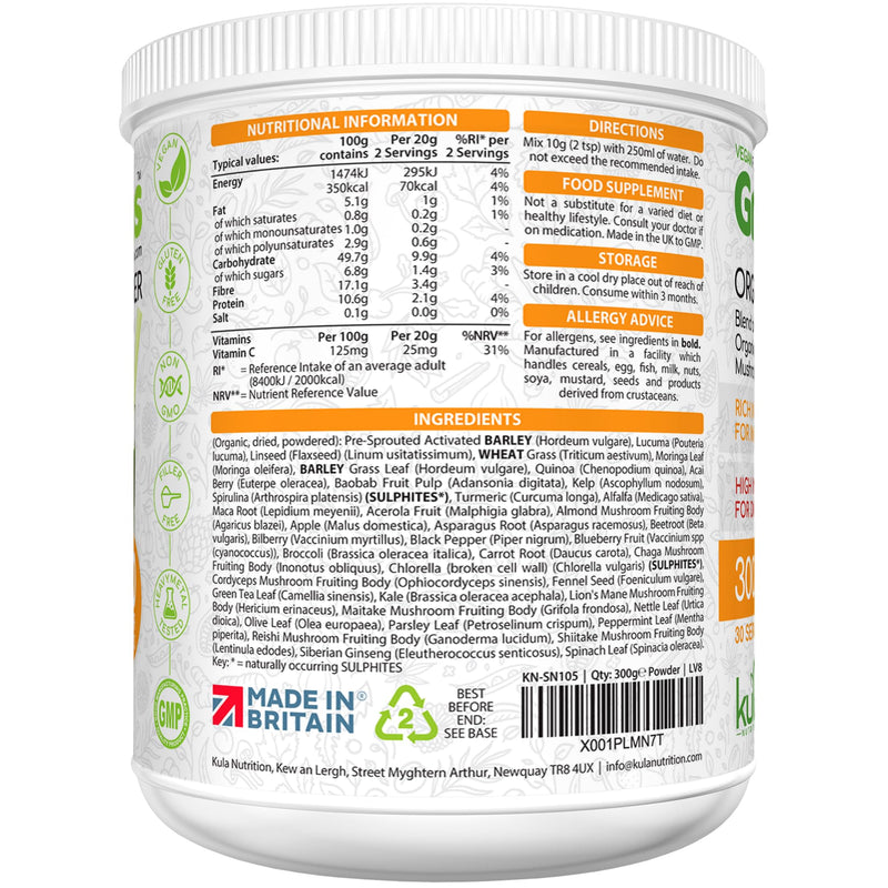 GreatGreens - Organic Greens Powder - Large 300g Blend 40 Raw Superfoods - Greens, Vegetables, Super Fruits, Berries, Sprouts and Mushrooms - High Fibre Vegan Daily Juice Smoothie Drink - 30 Servings