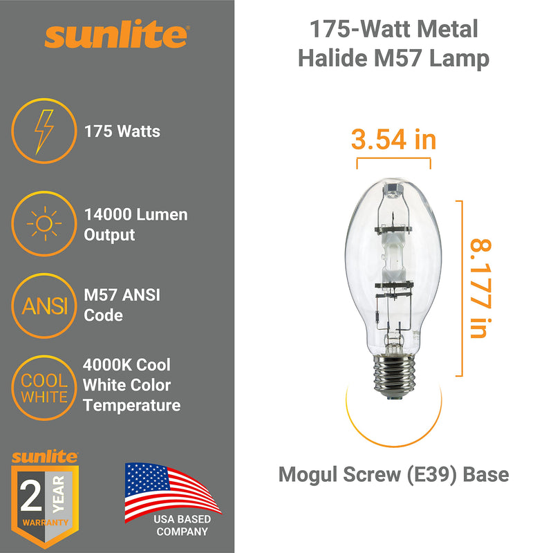 [Australia] - Sunlite 02515 MH175/U/MOG M57 Metal Halide Lamp, 175 Watts, Mogul Base (E39), ED28, 10,000 Hour Life Span, 14000 Lumen, Clear Finish, 4000K (2-Pack) 