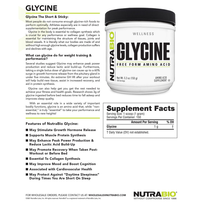 [Australia] - NutraBio Glycine Powder - Glycine Supplement- Free Form Amino Acid Supplement - 1000mg Serving - 150g, 150 Servings 