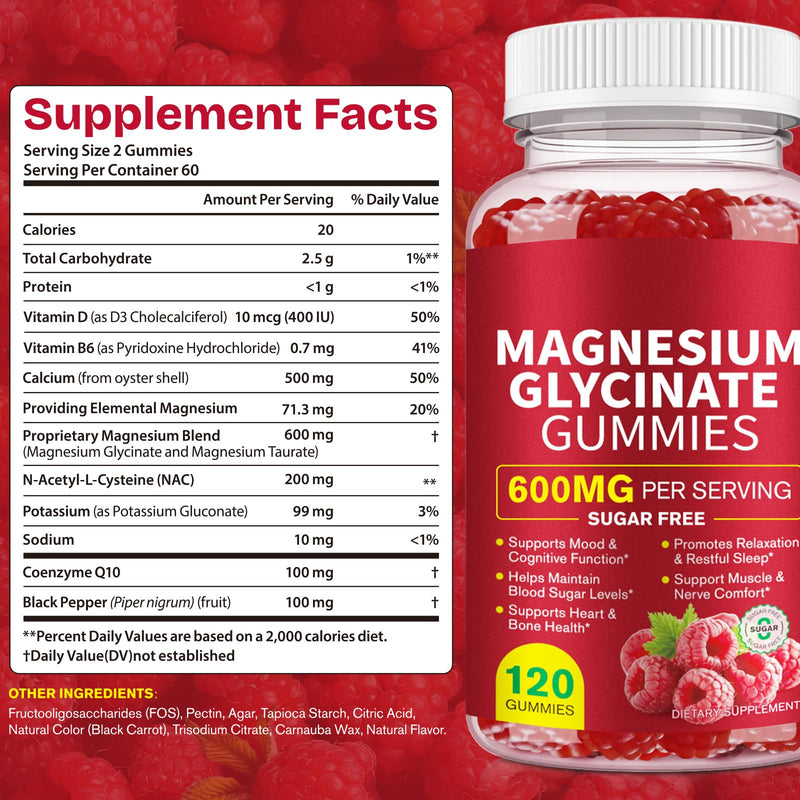 Magnesium Glycinate Gummies for Adults 120 Count - 600 MG Per Serving, Promotes Relaxation & Restful Sleep, Focus, Supports Heart & Bone Health, Raspberry Flavor, Non-GMO 120 count (Pack of 1)
