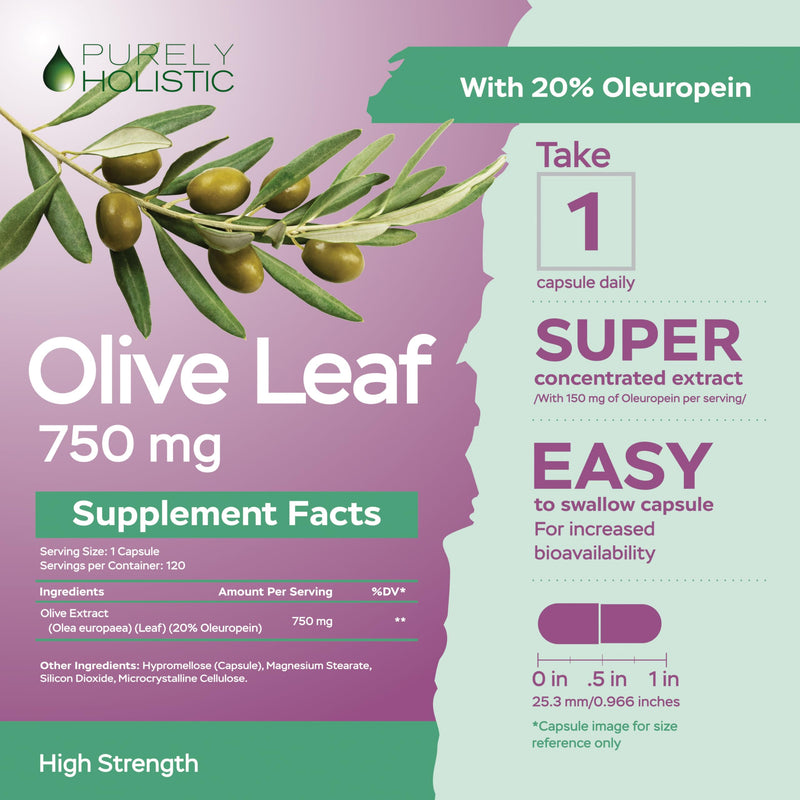 [Australia] - Purely Holistic Olive Leaf Extract 750mg Non-GMO Maximum Strength - 120 Vegan Capsules - 20% Oleuropein - 4 Month Supply - Support Supplement 