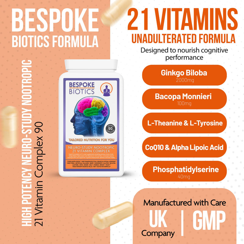 Neuro-Study Nootropic-21 Complex Stack 90 Caps 8hrs+ Brain Memory Focus Mood Natural Brain Concentration| Alpha Wave | Combats Exams Anxiety Stress Brain-Fog Fatigue Tiredness |Latest UK Formulation