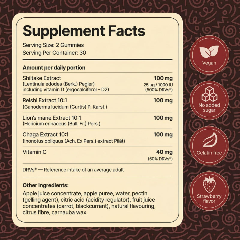 Mushroom Kids Gummies with Vitamin D2 & C | Sugar-Free, Vegan Daily Nutrition for Bones, Immunity & Focus | Lion’s Mane, Reishi, Chaga & Shiitake | Ages 3+ | 60 Gummies | Solve Labs