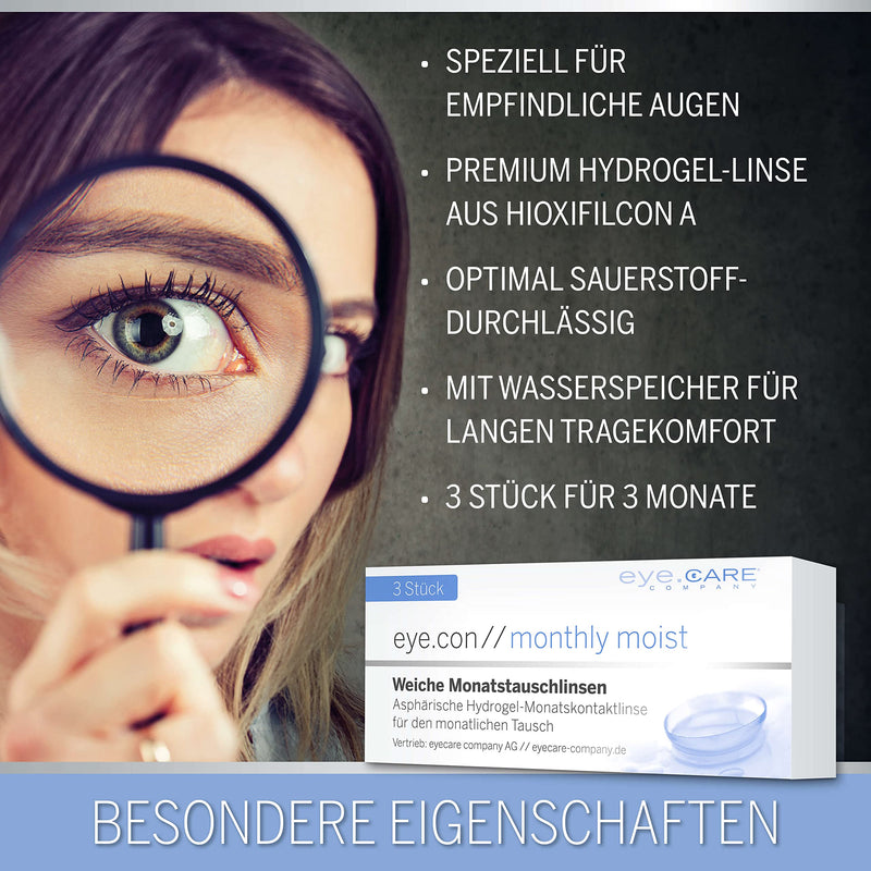 [Australia] - Eye.Con Monthly Moist soft monthly lenses - 3 hydrogel contact lenses with strength for sensitive eyes. Contact lenses with 55% water content BC 8.6mm, DIA 14.3mm (-5.25, 8.6, millimeter, -5.25) 8.6 millimeter 1 piece (pack of 3) 