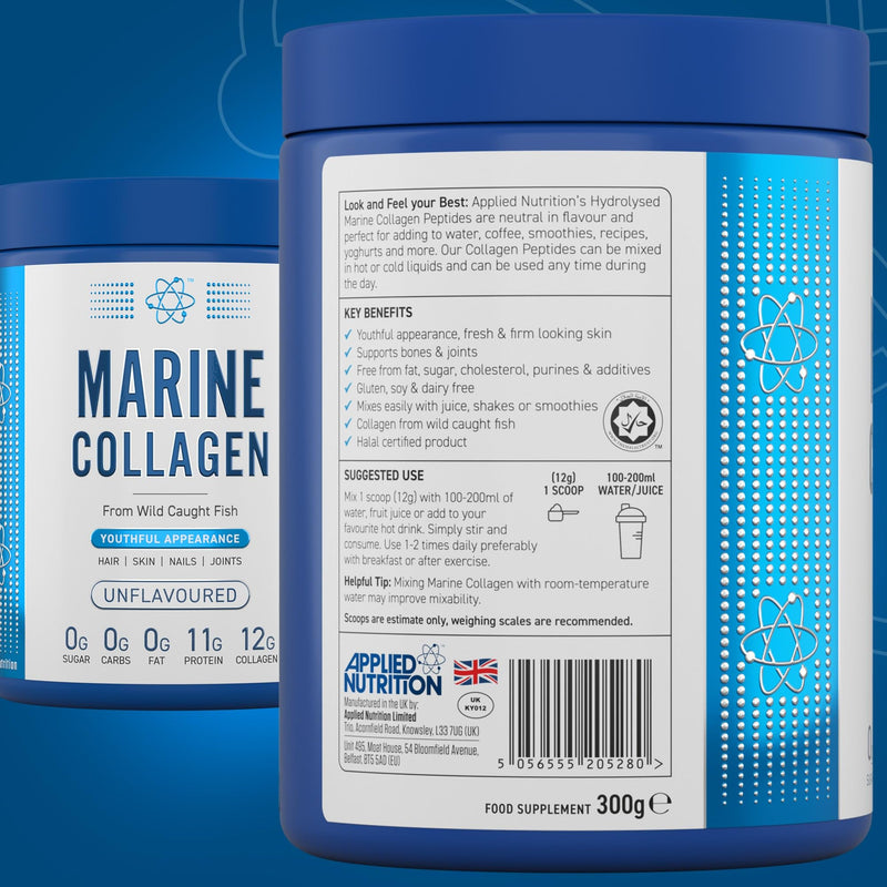 Applied Nutrition Marine Collagen Powder - Hydrolysed Collagen Protein, Healthy Skin, Hair, Nails (Unflavoured) (300g - 25 Servings) Unflavoured