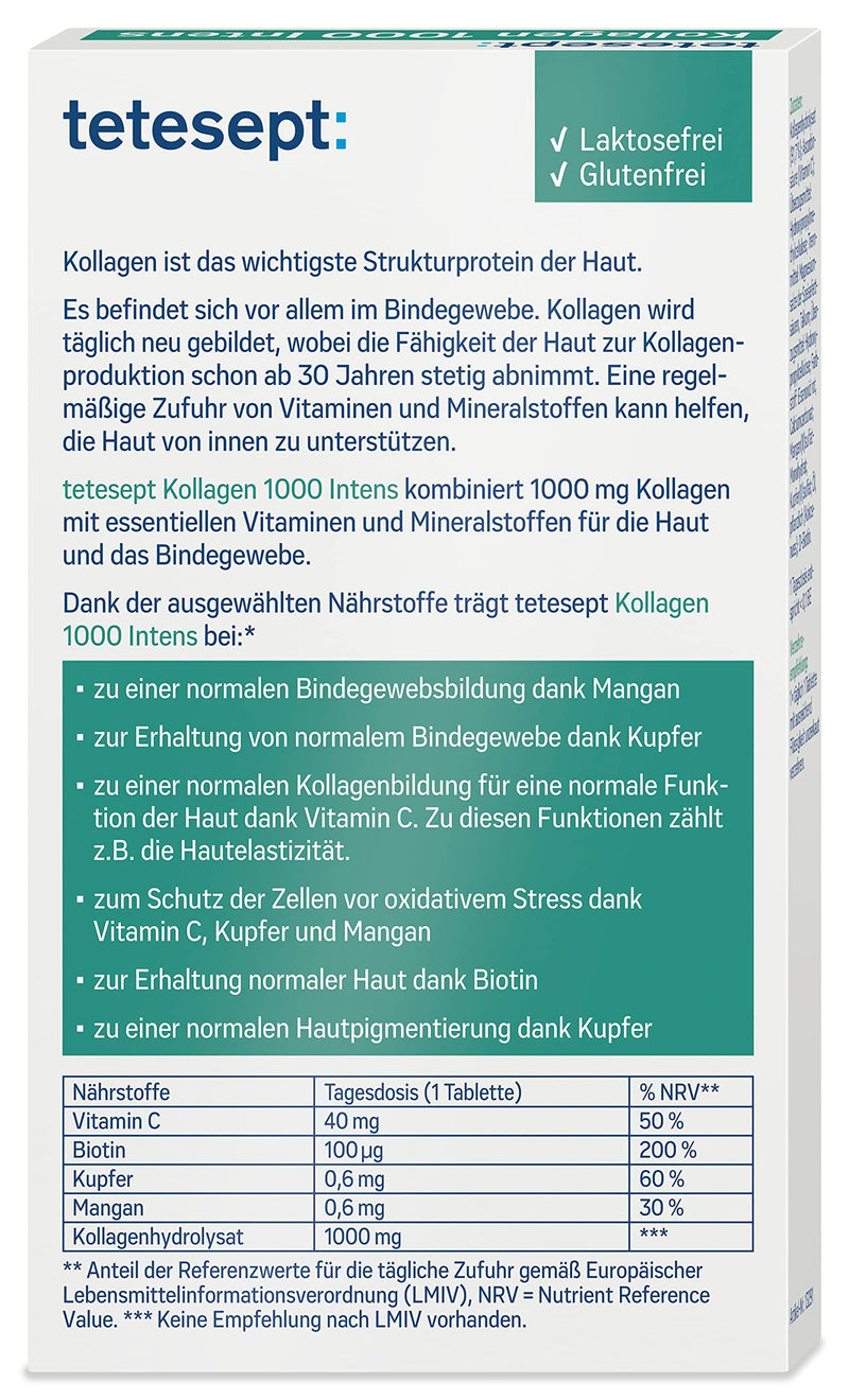 [Australia] - tetesept Collagen 1000 Intens - dietary supplement with collagen, vitamin C, biotin, copper & manganese - for connective tissue and a beautiful complexion - 1 x 30 tablets 30 pieces (pack of 1) Collagen 1,000 Intens 