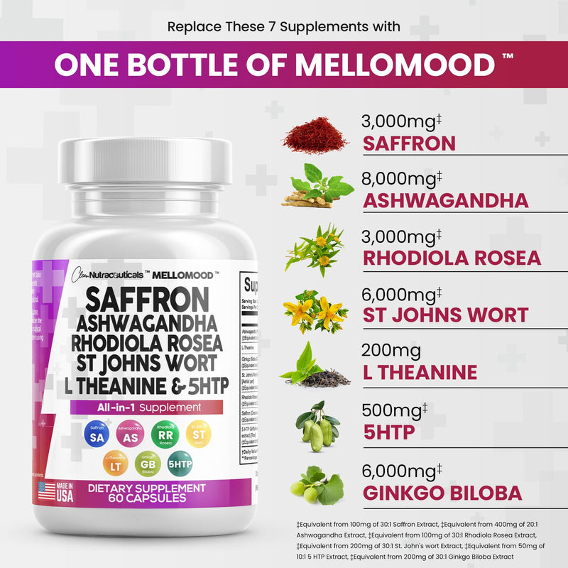 [Australia] - Clean Saffron Supplements with Ashwagandha 8000mg - Mood Support with L-Theanine 200mg, Ginkgo Biloba 6000mg, St. John's Wort 6000mg, Rhodiola Rosea 3000mg & 5-HTP 500mg - Saffron Pills Capsules USA 