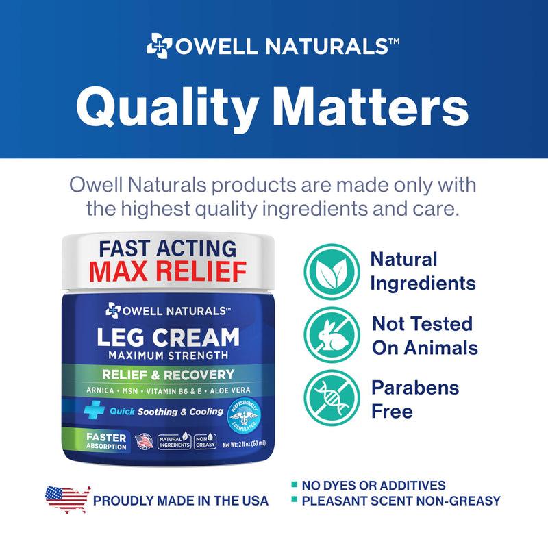 OWELL NATURALS Relief Legs Cream, Deep Penetrating Soothing Formula, Fast Acting & Maximum Strength with Arnica, Aloe Vera Vitamin E, for Muscles, Calf, foot, ankle, 2 oz (Pack of 2) 2 Fl Oz (Pack of 2)
