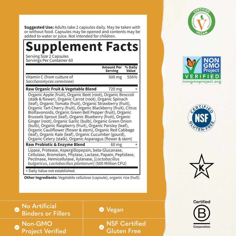 Garden of Life Vitamin Code Raw Vitamin C - 120 Capsules, 500mg Whole Food Vitamin C Capsules + Fruit & Veggie Blend & Probiotics, Supplements for Adults, Vegan, Gluten Free 120 Count (Pack of 1)