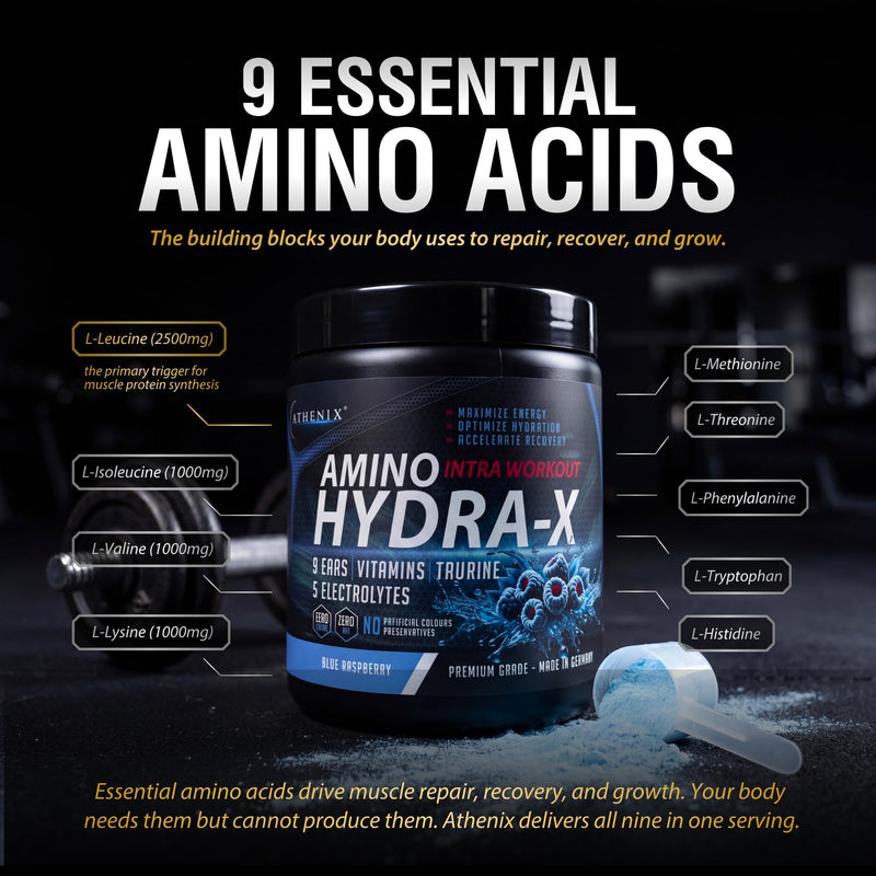 Athenix® Amino Hydra-X Intra-Workout | Green Apple | 9 EAAs + 5 Electrolytes + Vitamins & Taurine | Vegan BCAA + Hydration Powder | 26 Servings | Zero Sugar & Fat | 365g (365g, Green Apple Burst)