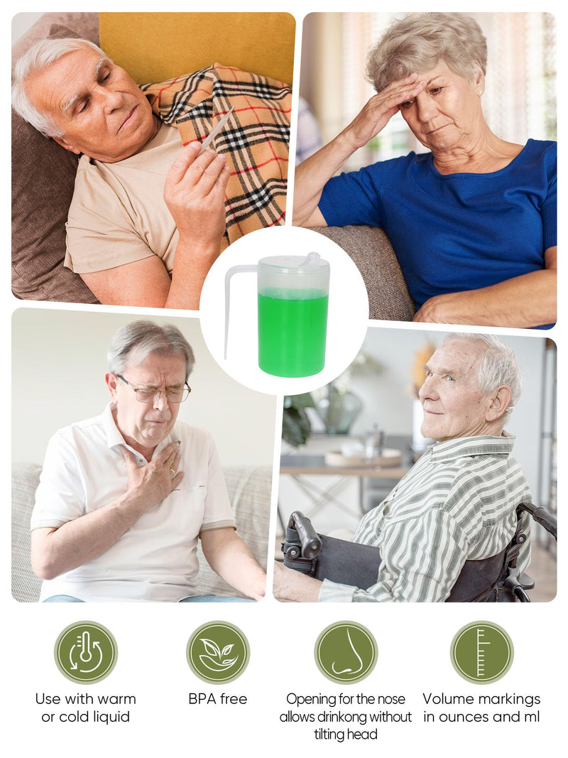 Adult Beaker for Elderly Non Spill, 400ml Sippy Cup for Adults with 2 Lids & Measurement Scale, PP Plastic Drinking Cup for Hot Drinks, Care Home Beaker for Arthritis Stroke Single Handled Drinking Cup
