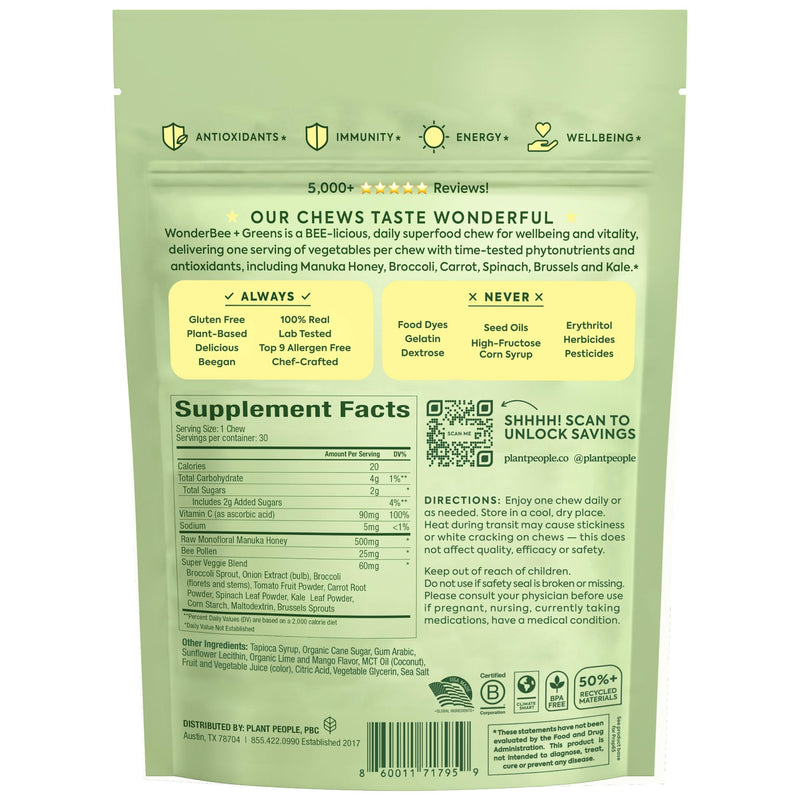 Plant People WonderBee Super Greens Manuka Honey Chews, Mango Lime 30ct | Bee Pollen, Super Greens & Vitamin C, Immune Support, Antioxidants & Energy Boost, Mango Lime (30 Count) Mango Lime - Immunity, Gut Health & Overall Vitality
