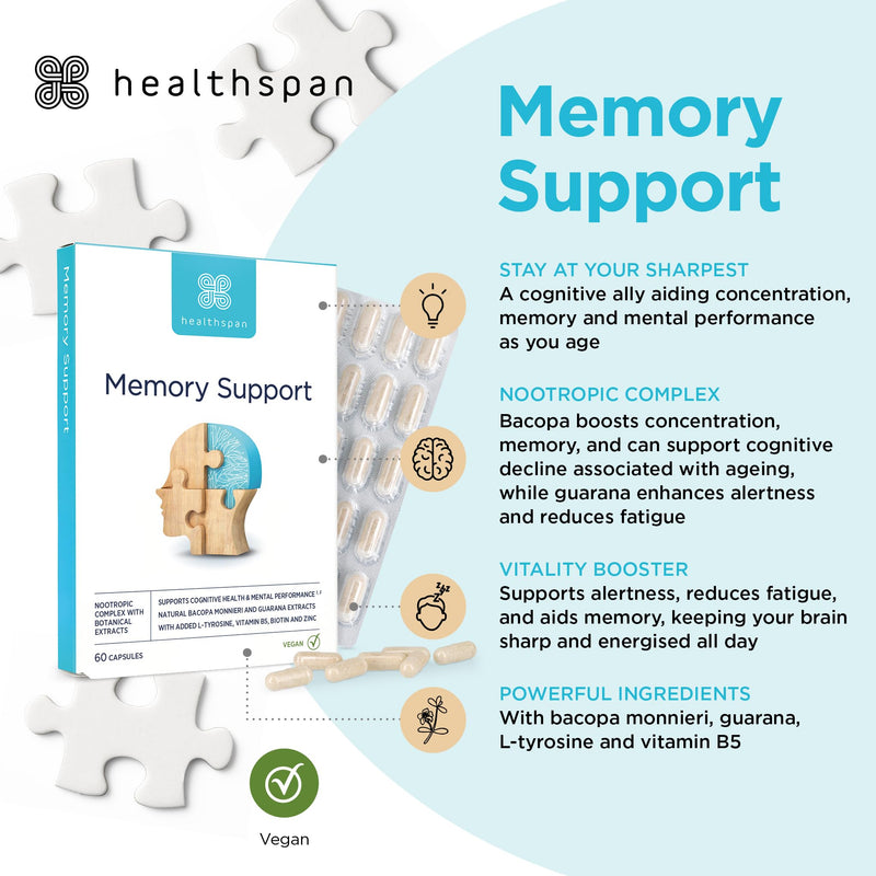 Healthspan Memory Support (60 Capsules) | Supports Your Concentration, Memory and Cognitive Health | Biotin and Zinc | Bacopa Monnieri Extract and Guarana for Alertness | Vegan