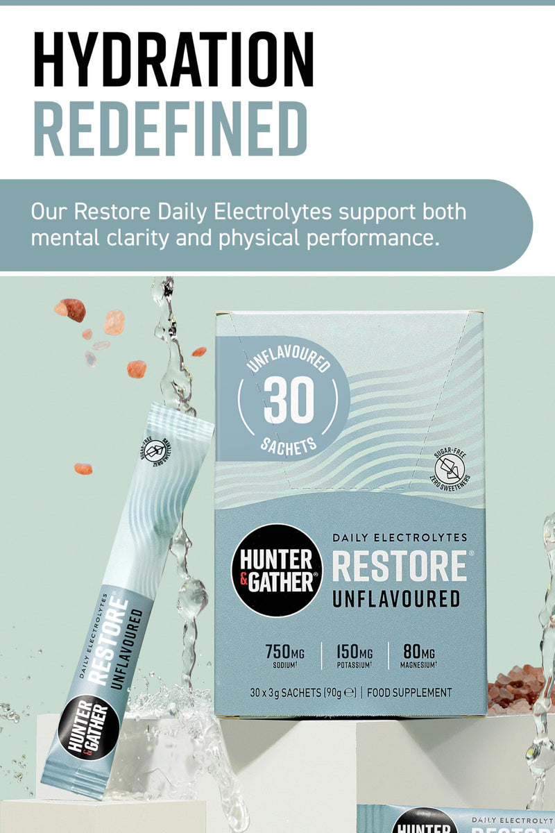 Hunter & Gather Restore Electrolytes Sachets x 30 I No Added Sugar or Artificial Sweeteners I 100% Natural Hydration I Optimal Mineral Ratio with Pink Himalayan Salt I Keto I with Natural Monk Fruit Unflavoured