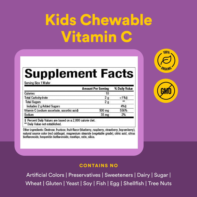 Natural Factors, Kids Chewable Vitamin C 500 mg, Supports Immune Health, Bones, Teeth and Gums, Blueberry, Raspberry and Boysenberry, 90 Count (Pack of 1) 90 Count (Pack of 1)