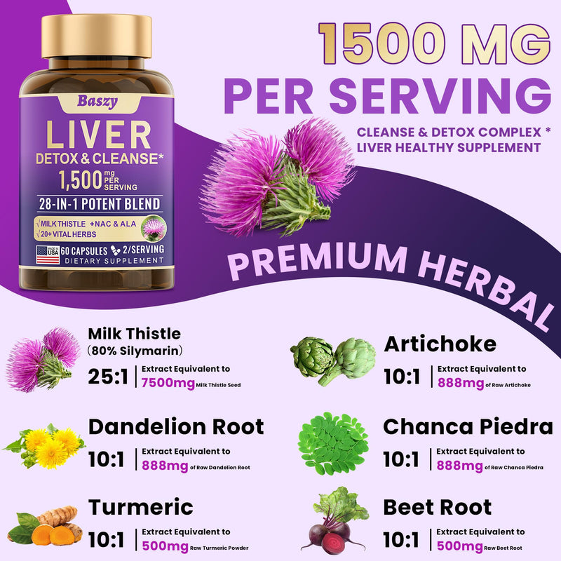 [Australia] - 28-in-1 Liver Cleanse Detox & Repair - 1500mg Liver Health Support with Milk Thistle, Dandelion Root, Artichoke Extract, and 20+ Herbal Liver Support Supplements - Made in USA - 60 Capsules 