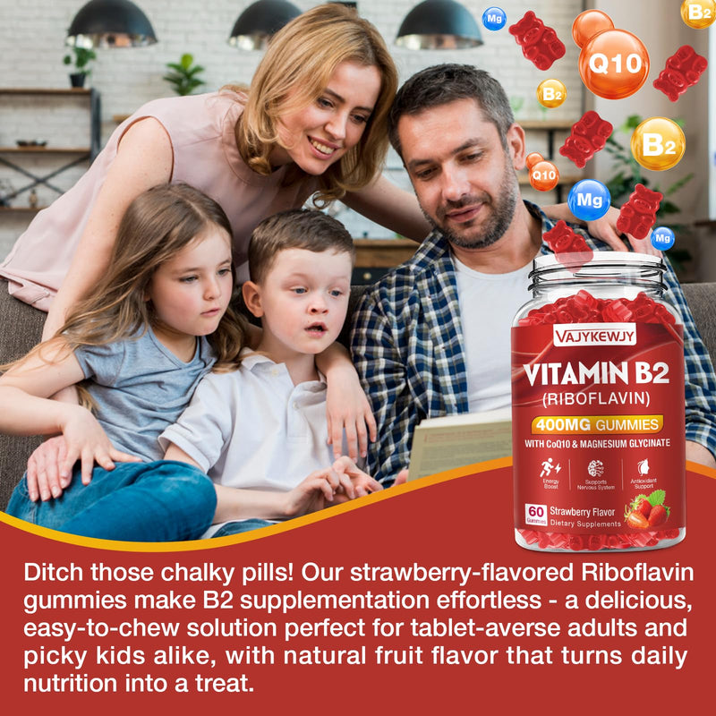 Vitamin B2 Riboflavin 400mg Gummies for Energy & Metabolism Support - Delicious Strawberries Flavor Vegan Gummies - Non-GMO, Gluten Free - 120 Count