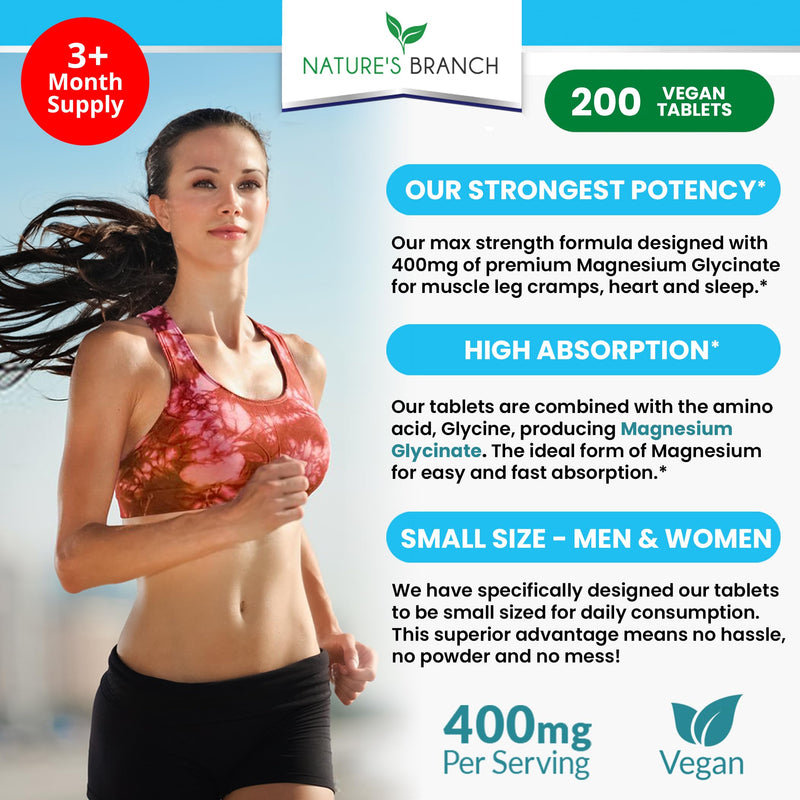[Australia] - Magnesium Glycinate 400 mg - 200 Tablets - High Absorption, Non Buffered Bisglycinate Mag Supplement for Sleep, Leg Cramps, Heart, Ease Muscles, Calm Headaches for Women and Men, Non Powder Capsules 