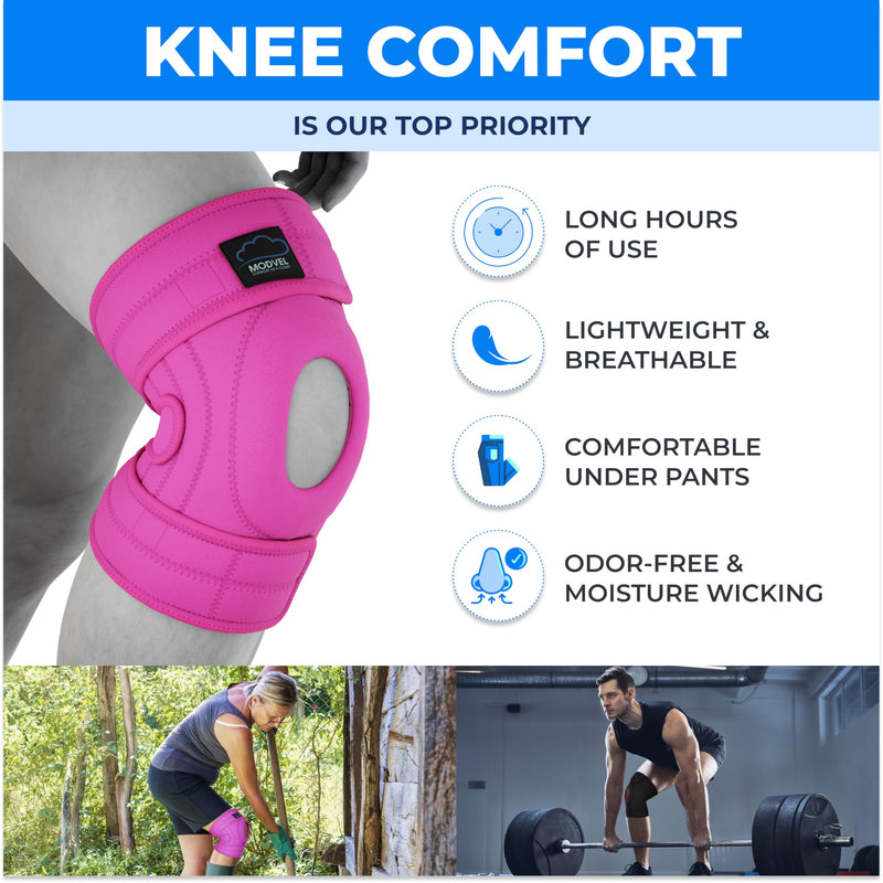 [Australia] - MODVEL Knee Brace with Side Stabilizers | FSA or HSA eligible | Patella Gel Pads Knee Support Braces for Knee Pain, Meniscus Tear,ACL,MCL,Arthritis, Joint Pain Relief,Injury Recovery. (S/M Pink) Small/Medium B Pink 1 