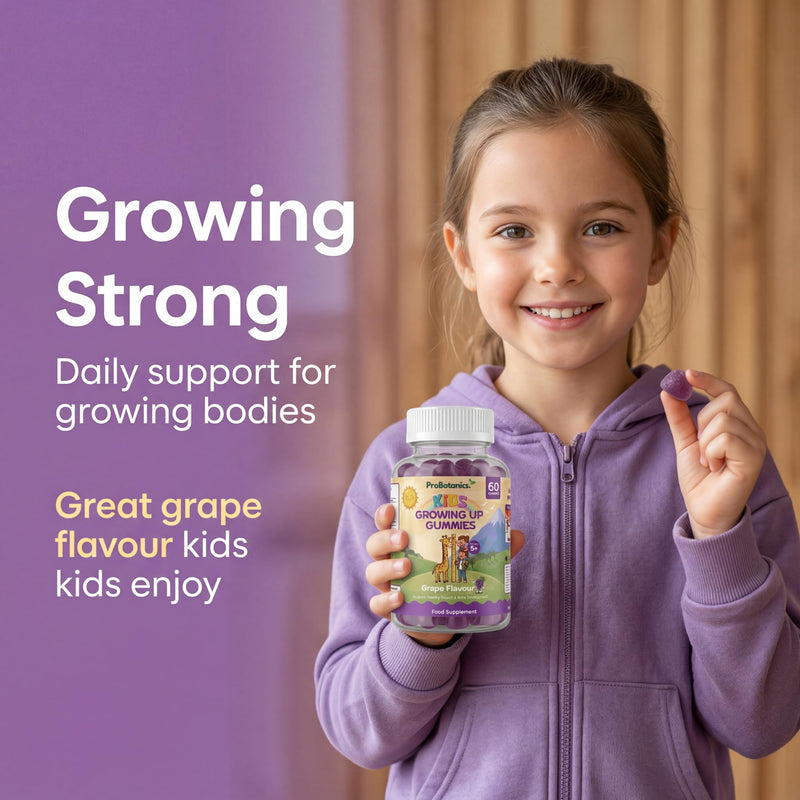 Kids Growth Gummies – Calcium, Vitamin D3 & K2 for Normal Bone Growth & Development in Children | 60 Vegan Grape Chews with Zinc, Astragalus & Collagen | Growing-Up Multivitamin, Ages 5+