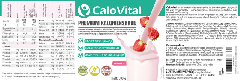 [Australia] - Drinking food high in calories for weight gain | Carbohydrates & protein as a calorie shake | Highly dosed with many vitamins | CaloVital - Premium quality from Germany (strawberry 500g), strawberry powder 500g 