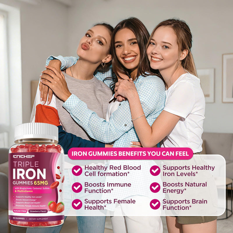 65mg Iron Gummies with Multivitamin, Iron Supplement for Women & Men with Calcium, Folate for Adults, Energy & Immune Health Support for Iron Deficiency, Sugar-Free, Strawberry Flavor, 60 Count 60 Count (Pack of 1)