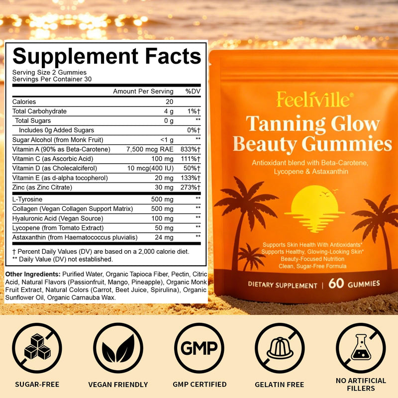 Tanning Gummies, Tanning Supplement with Beta-Carotene, Astaxanthin, Lycopene & Vitamins, Supports Skin Radiance & Hydration, Sugar Free & Gluten Free, 60 Count