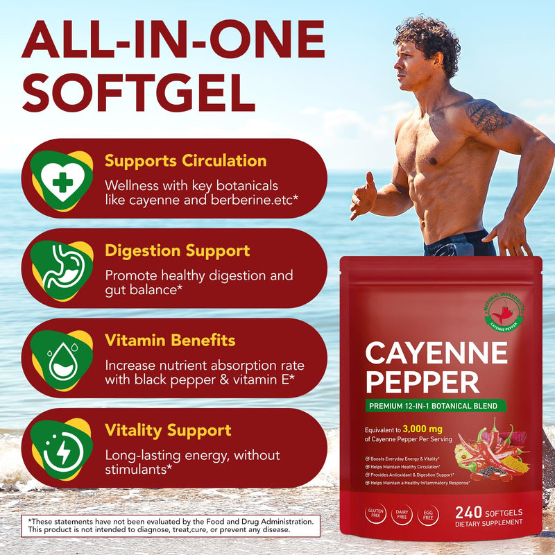 Cayenne Pepper Softgels 240 Capsules | 12-in-1 3000mg Botanical Blend with Hawthorn, Beetroot & Vitamins D3, K2, E | Supports Circulation, Leg Vein, Energy & Digestion | Vegan, Non-GMO