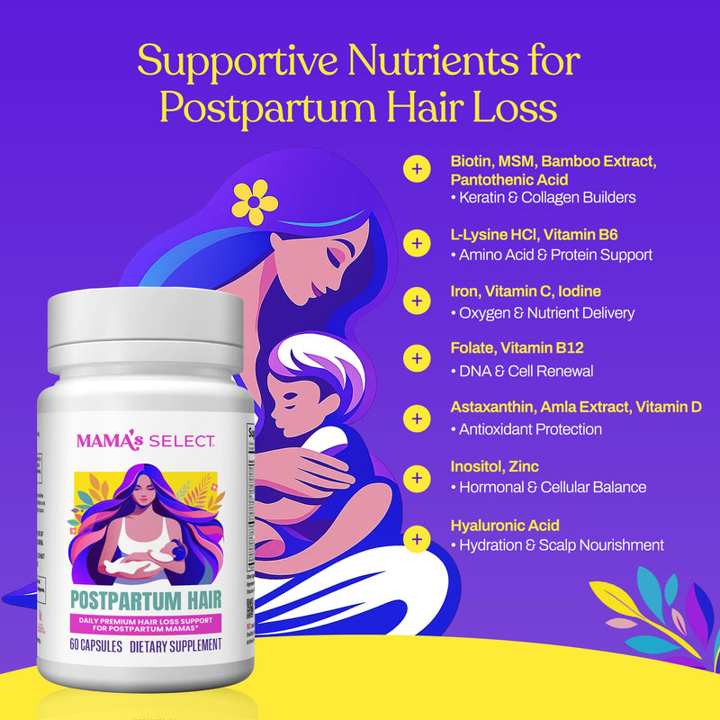 Postpartum Hair Loss Vitamins – Reduce Shedding, Regrowth, Nursing-Safe | Restores thickness, shine & strength, supports hormonal balance, scalp health & cellular renewal, breastfeeding-safe