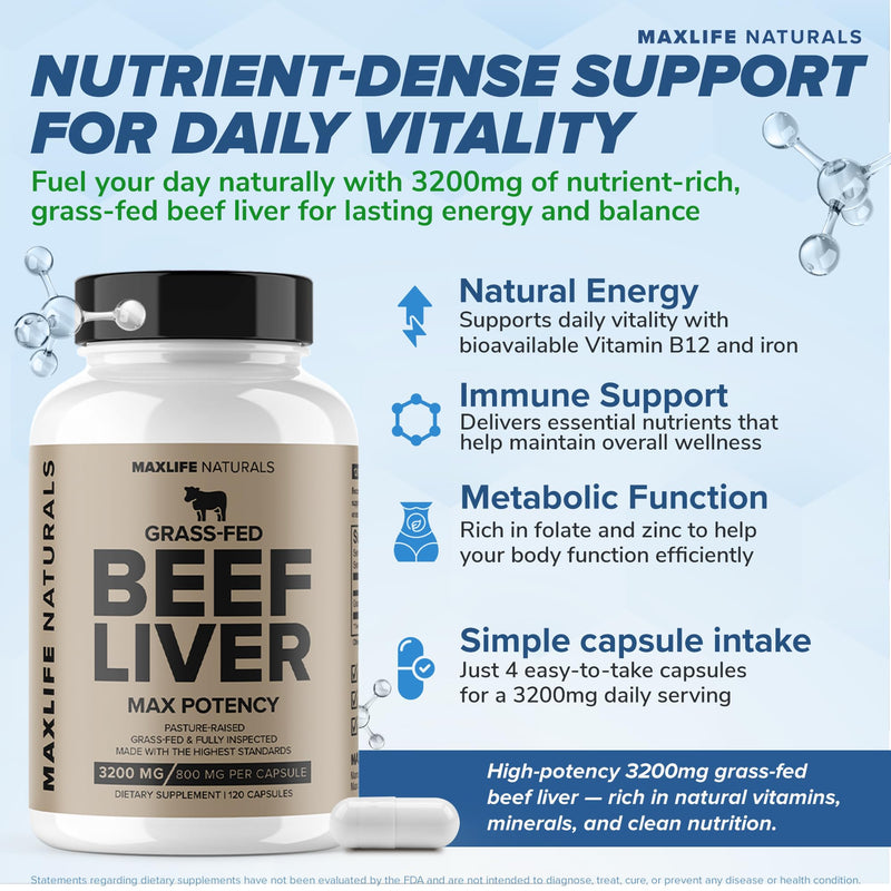 MaxLife Naturals Grass Fed Beef Liver Capsules 3200mg 120 Count | Supports Daily Wellness, Rich Vitamin A B12, Natural Iron Source, Desiccated Organ Nutrition, Non-GMO Supplement