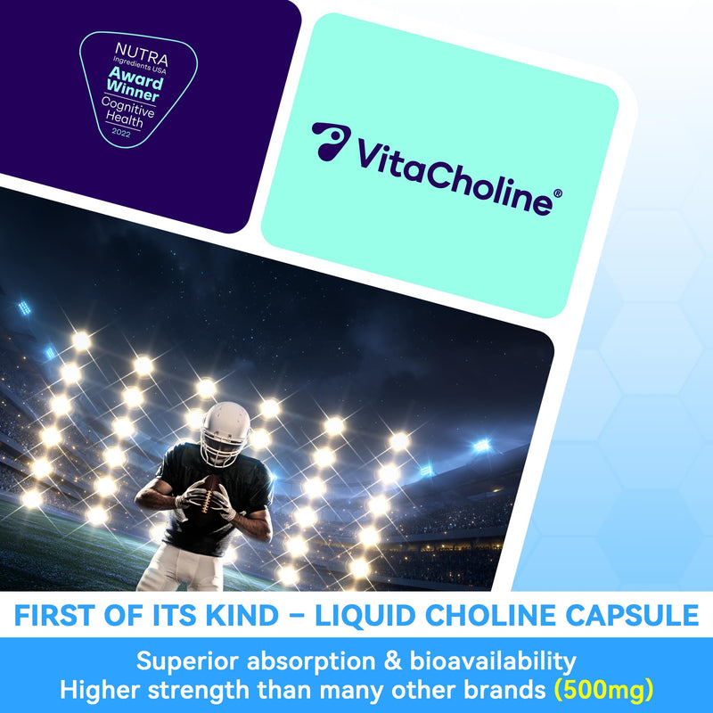 Award Winner -Clinically Dosed 500mg VitaCholine ® - 60 Caps - Liquid Choline Supplement –Support Pregnancy & Baby Brain & Liver Health LDL & HDL Level - Cognitive Health - Made in USA