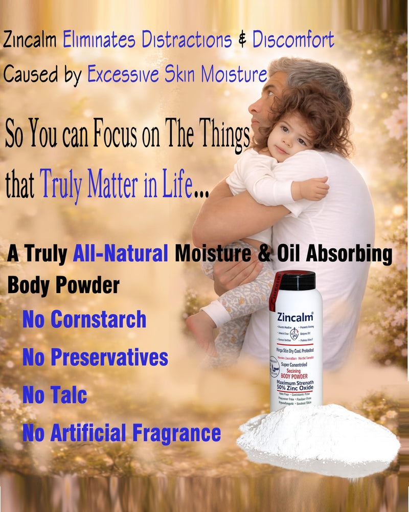 Zincalm All-Natural Body & Foot Powder, Concentrated 50% Zinc, Cornstarch-Free Moisture/Odor Absorbing Anti-Chafing/Friction, Itch Relief Formula for Dry/Cool Skin with Ultra-Pure Calcium & Menthol
