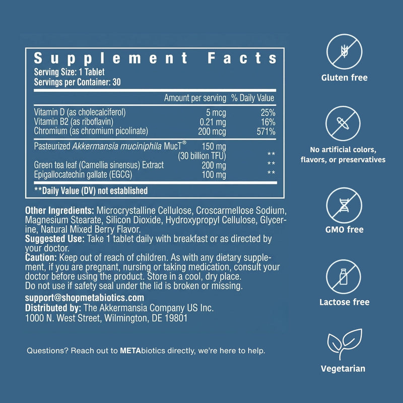 METAbiotics Weight Manager Supplement, Akkermansia MucT, GLP-1, 30 Tablets | Weight Maintenance, Pasteurized Akkermansia MucT, 30 Billion cells, Postbiotic,Vitamin D3, B2, Chromium, EGCG