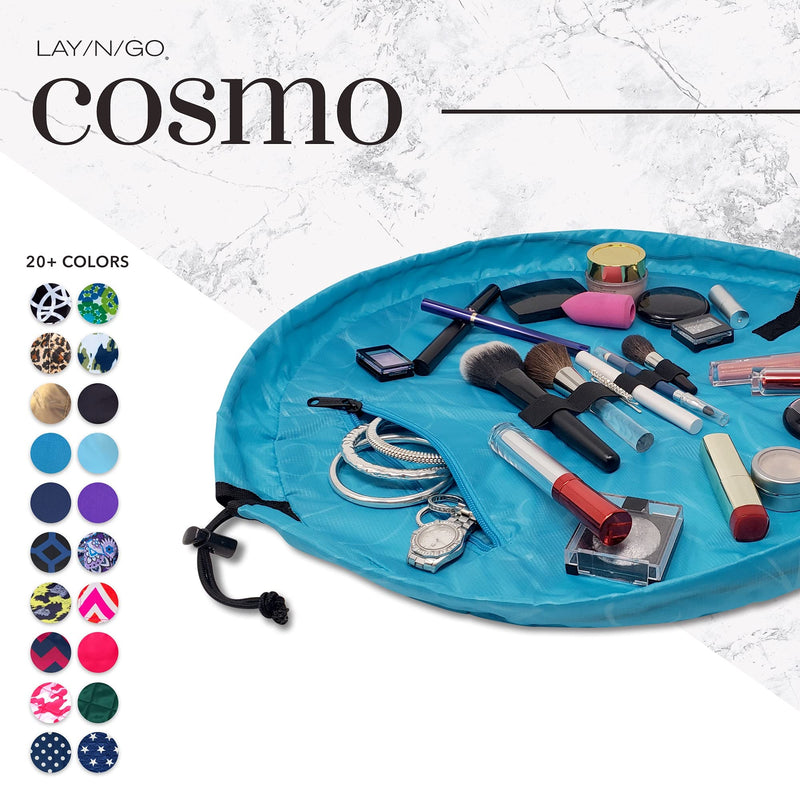 Lay-n-Go Cosmo Drawstring Cosmetic Pouch 20" Makeup Bag Organizer & Nail Spa 18" Acrylic Nail Polish Holder Toiletry Bag for Travel, Gift Bundle, Blue