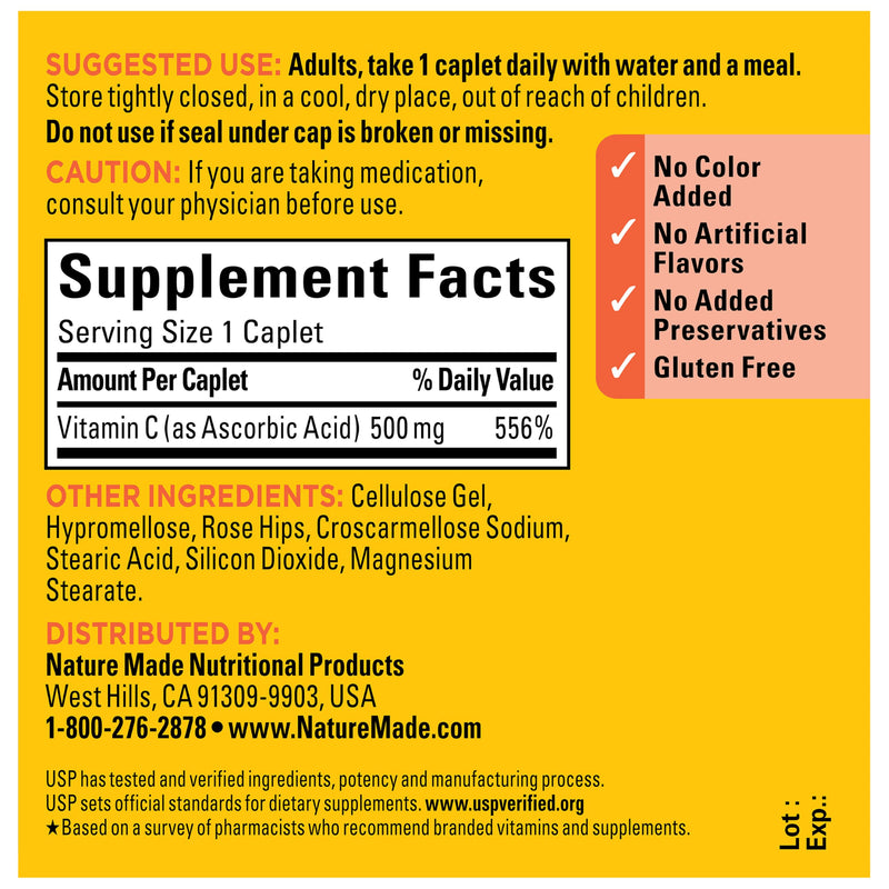 Nature Made Vitamin C 500 mg with Rose Hips Caplets, 130 Caplets | Vitamin C for Immune Support and Antioxidant Support, 130 Day Supply 130 Count (Pack of 1)